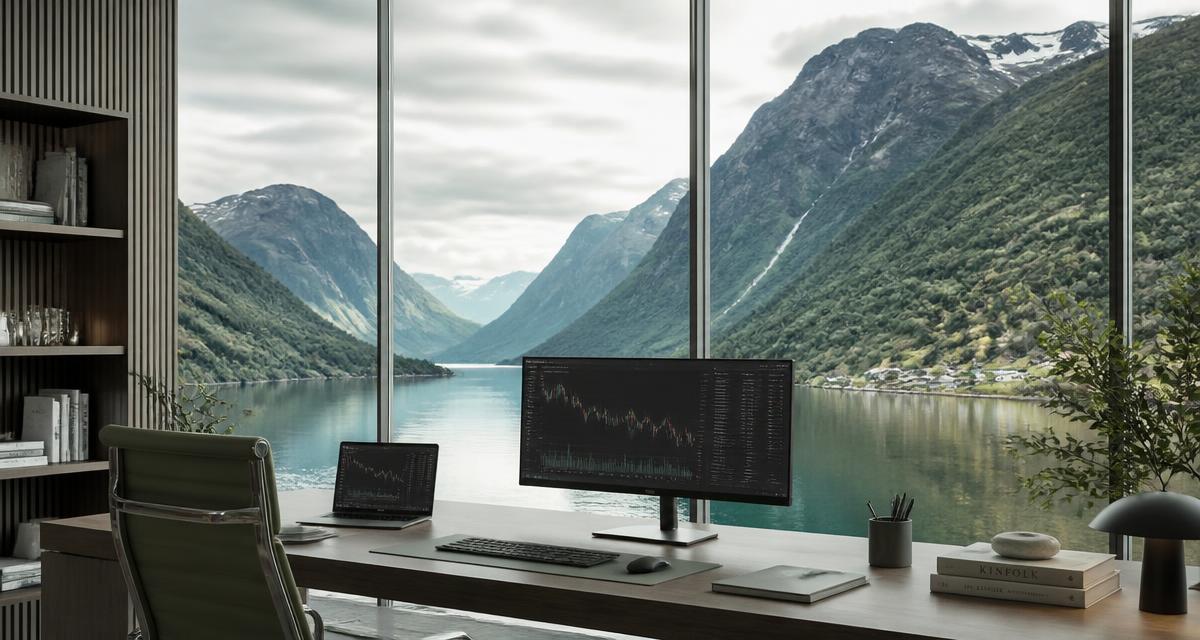 Arbeitsplatz mit Marktdiagrammen vor nordischer Landschaft – Titelbild zum unabhängigen Fjord Markets Broker-Test