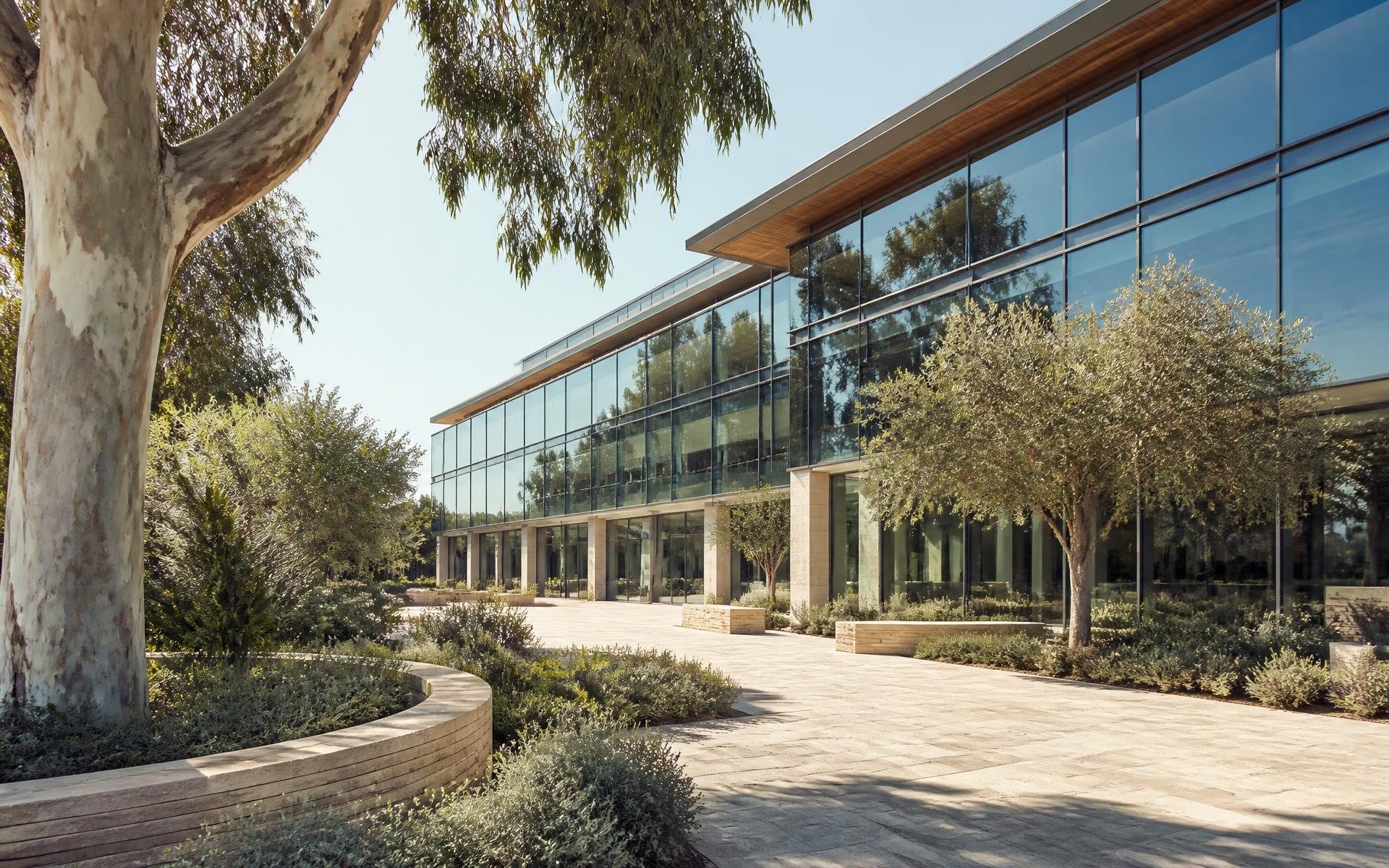 Glass-walled technology campus building in Palo Alto, the setting used to frame our PaltusTrade research